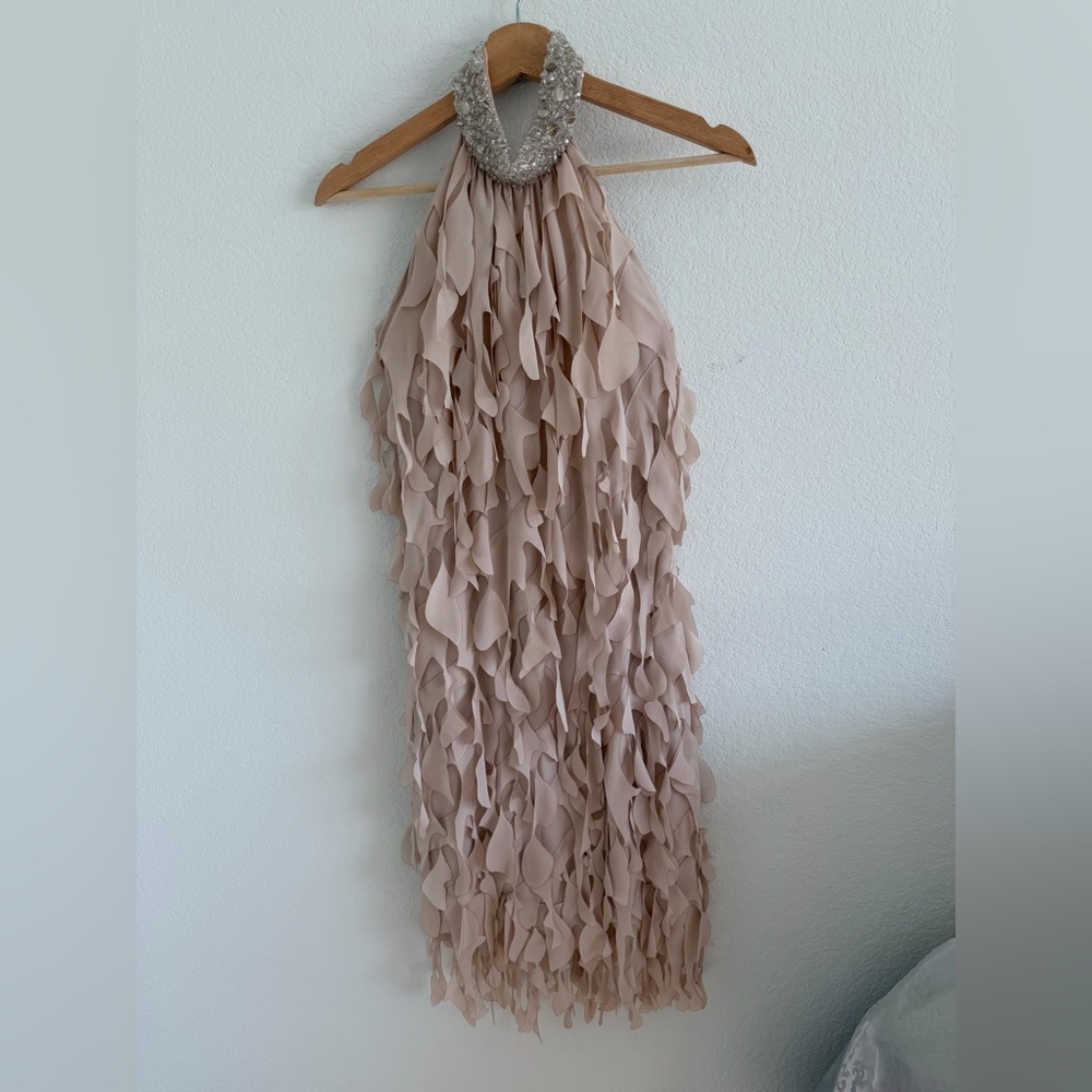 Catherine Regehr Formal Dress T Neck Bejeweled 100% Silk Spiral Hem Pink Medium